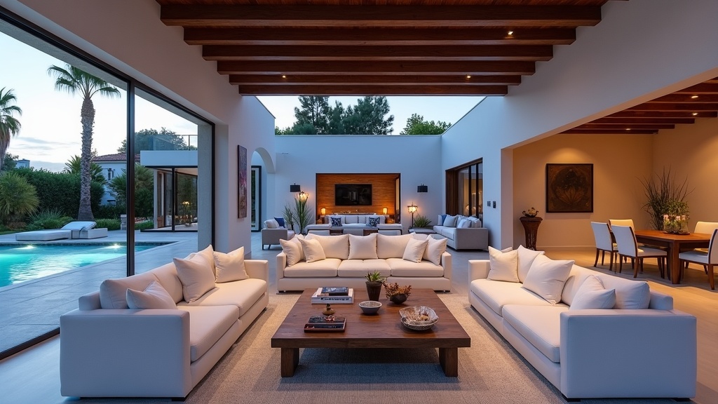 Allergiásoknak Costa del Sol tiszta levegő: Tágas, luxus spanyol belső tér, ablakból az esti fény, teraszra nyíló kilátással.