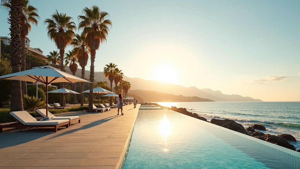 Raikas meri-ilma, hyvinvointi Costa del Sol: Ihmiset kävelevät auringon valaisemalla rantapromenadilla palmujen ja Välimeren äärellä.