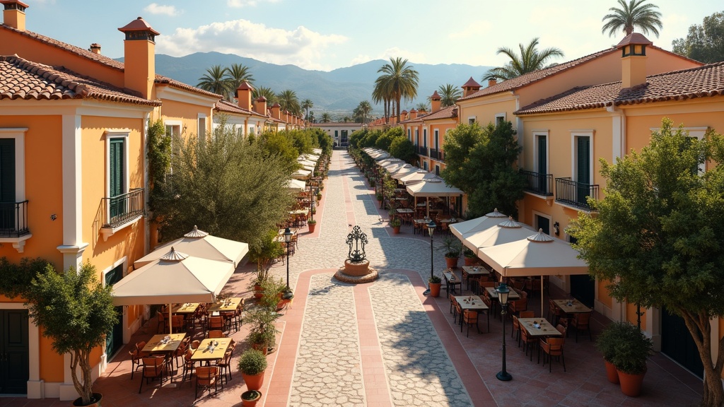 Charming Costa del Sol plaza with outdoor dining, bathed in soft light. Experience suolapitoinen merituoli, luonnollinen ionisaatio & vibrant life.