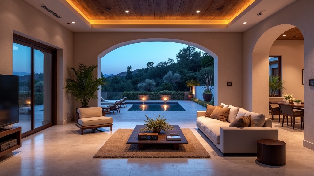 Luxury Costa del Sol living room bathed in blue hour light, hinting at parempi unenlaatu & stressin lievitys rannikkoilmasto.