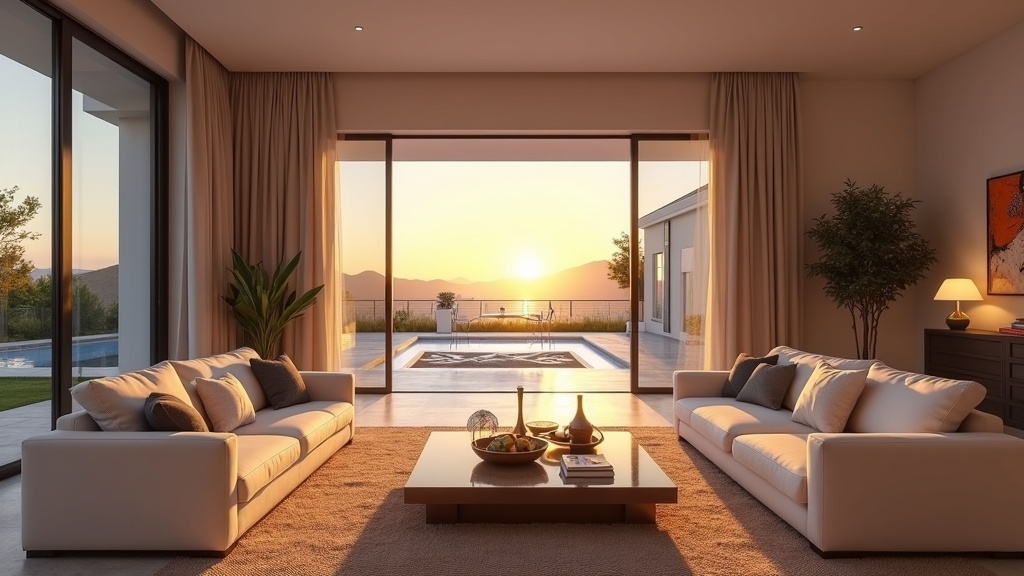 Costa del Sol property: Sunset-lit luxury living room, terrace, high-end design. Vahvempi immuunijärjestelmä rannikkoilmasto, allergioiden vähennys Costa del Solin terveellisessä ilmastossa.