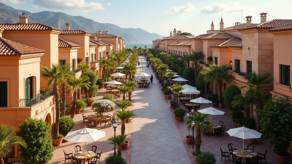Charming Costa del Sol town square, outdoor dining, and traditional architecture—experience a healthy lifestyle with minder luchtvervuiling kust Costa del Sol.