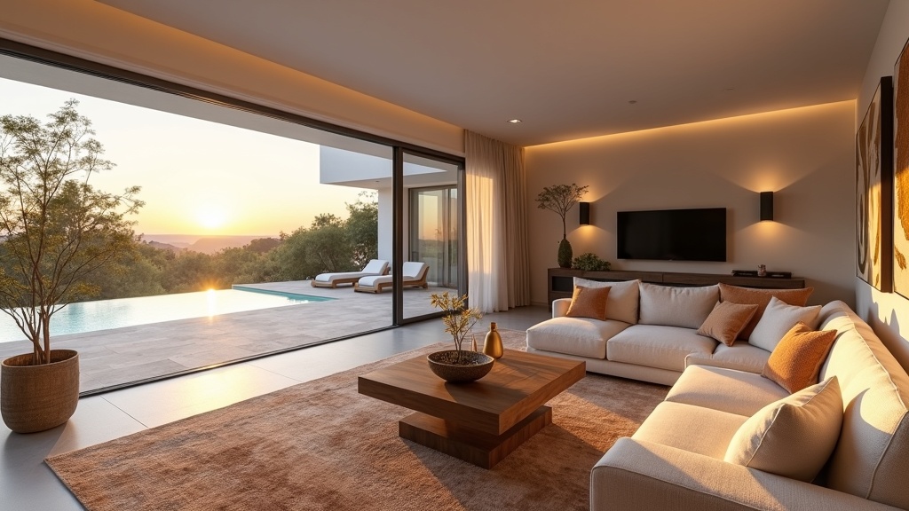 Napfény és vitalitás Costa del Sol: Tágas, luxus andalúziai nappali spanyol elemekkel, teraszkapcsolattal, aktív életmódra tervezve.