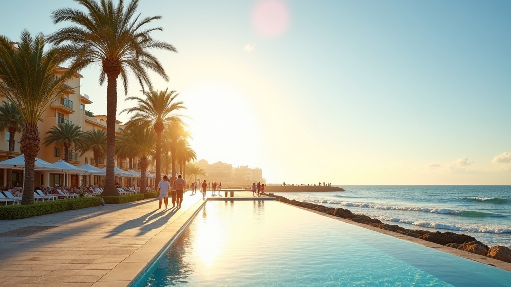 Kuststäder havsutsikt närhet berg Costa del Sol: Solig strandpromenad med palmer och människor som njuter av Medelhavet.