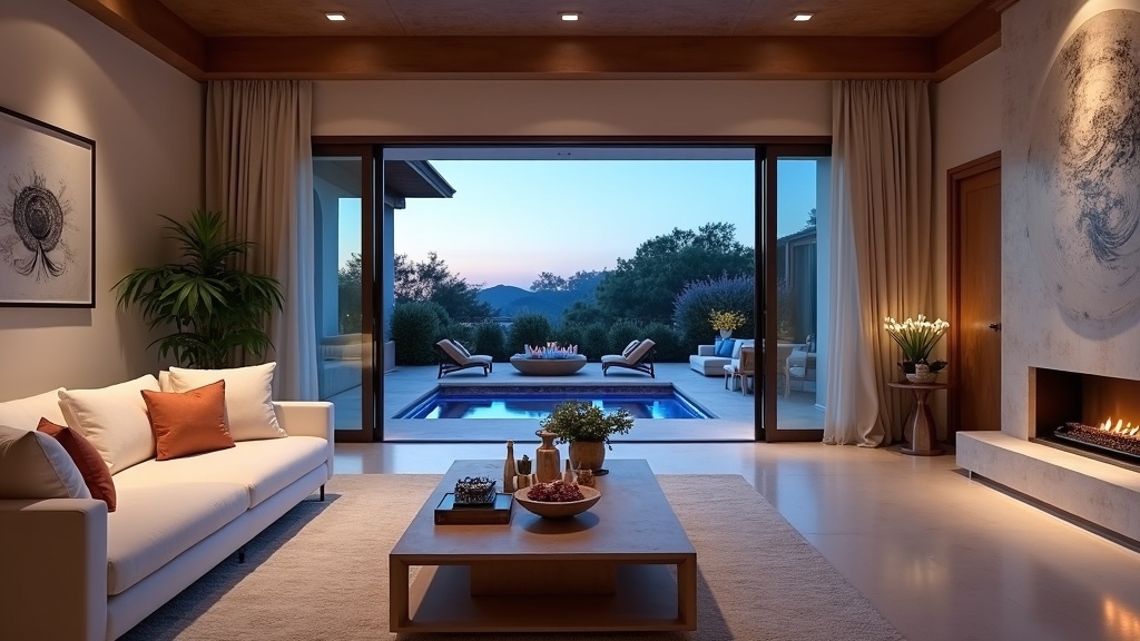 Luxury living room, blue hour light, modern Spanish design – perfect balans mellan stad och natur Costa del Sol.