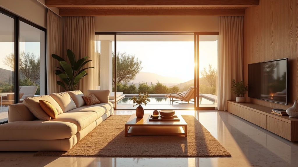 Exklusiva bostäder med utsikt Costa del Sol nyproduktion: Ljust vardagsrum med terrass, modern inredning och spansk design.