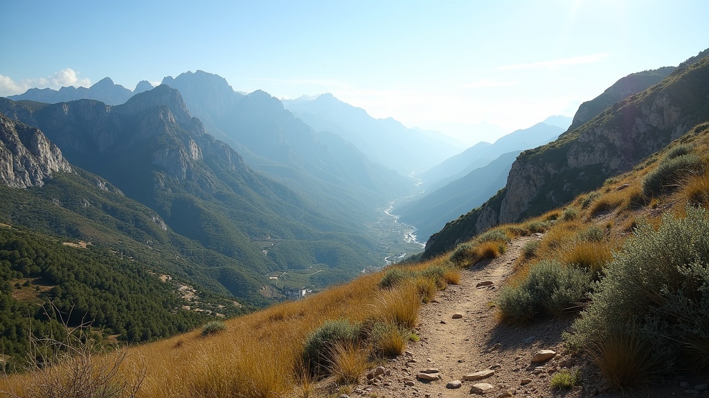 Investieren an der Costa del Sol Luxus: Sonniger Bergblick Sierra Blanca, Wanderwege, und Outdoor-Lifestyle unter strahlend blauem Himmel.