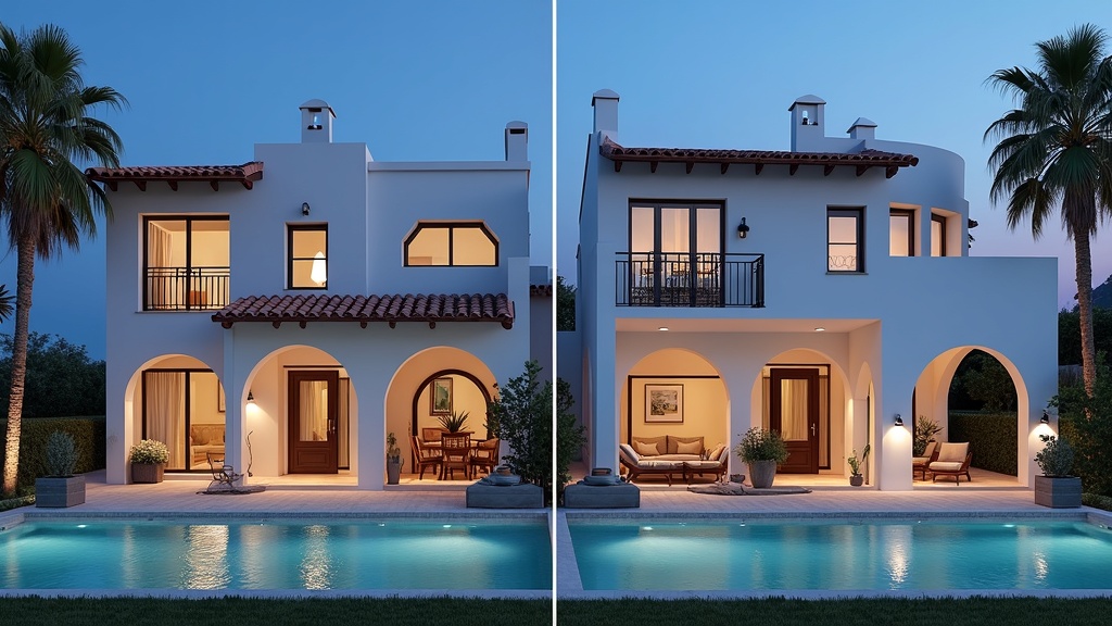 Neubau vs Bestandsimmobilien Costa del Sol: Side-by-side comparison of modern and colonial luxury properties, contrasting styles & layouts.