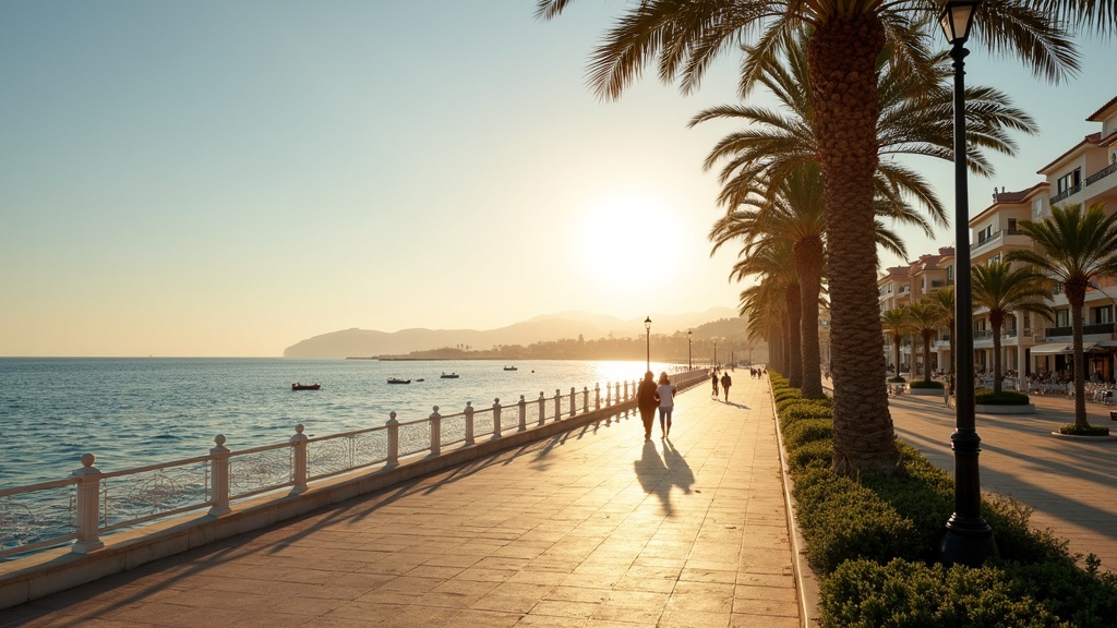 Gezondheidsvoorzieningen Costa del Sol: Geniet van een ontspannen ochtend aan de kustlijn met palmen en de mediterrane zee.