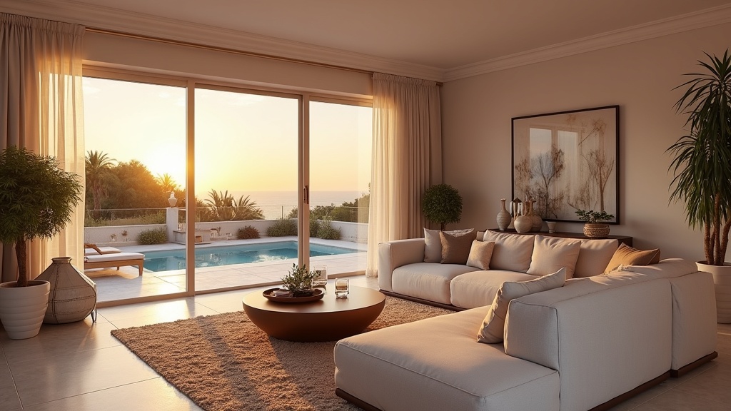 Thalassotherapie Costa del Sol: Luxurious living room with sunset and terrace view, perfect for wellness.