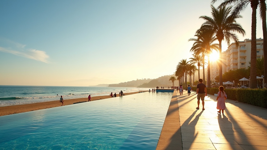 Mild vinter Costa del Sol: Solfylt strandpromenade med palmer og folk, perfekt for solrike vintre.
