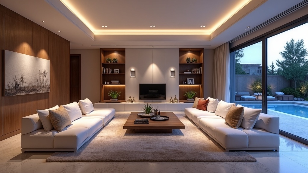 Sammenligne sommer vinter Costa del Sol: Luksuriøs stue med kveldslys, perfekt for komfortabelt opphold uansett værforskjeller.