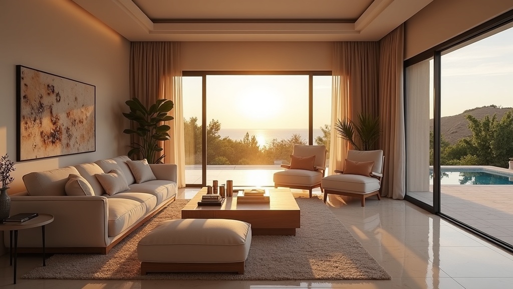 Luksus stue på Costa del Sol med solnedgang, perfekt for helse og velvære – livskvalitet i solen, ideelt klima og D-vitamin.