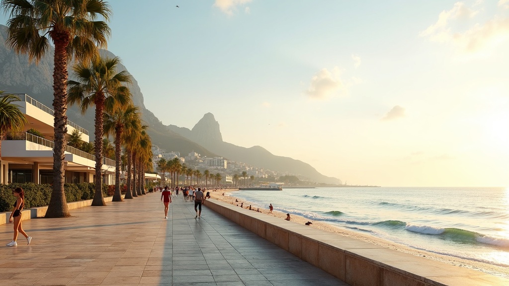 Coastal lifestyle for Costa del Sol UK retirees: Beach promenade, palm trees & sea in golden light.