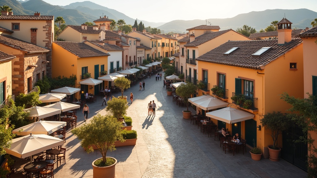 Mildes Winterklima Spanien: Belebte Costa del Sol Plaza bei sanftem Nachmittagslicht, perfekt für Leben & Lebensqualität.