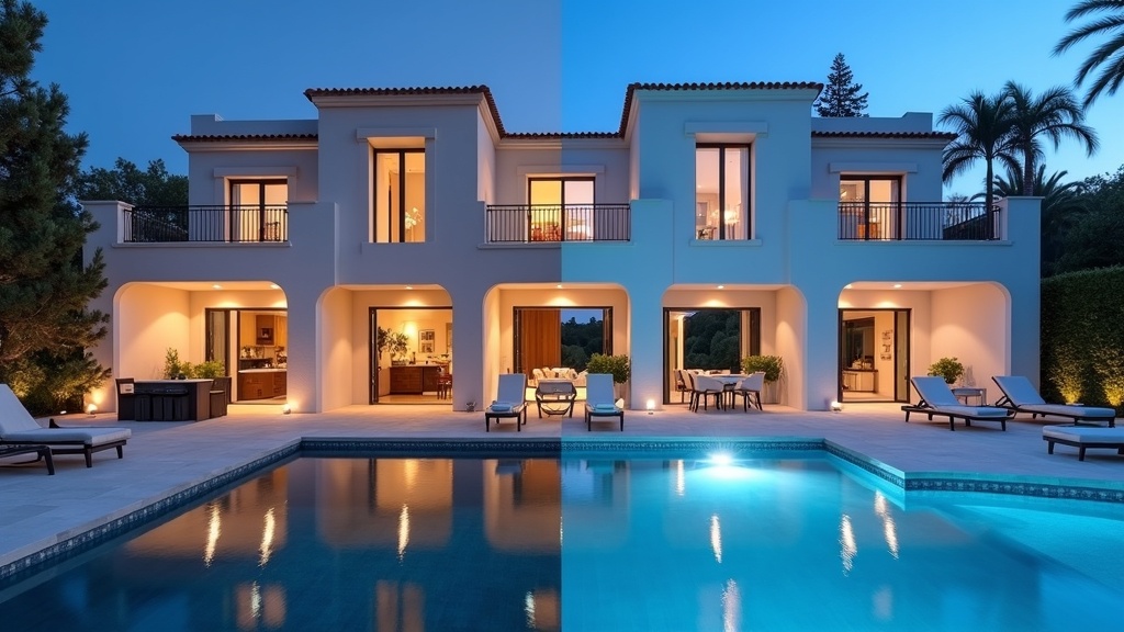Marbella Klima & Estepona Sonnentage: Vergleich zweier Luxusimmobilien in Andalusien bei Blaue Stunde.