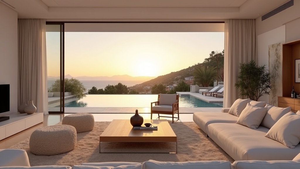 Mijas napsütés-áztatta, mikroklíma-optimalizált Costa del Sol luxus nappali, teraszkapcsolattal.