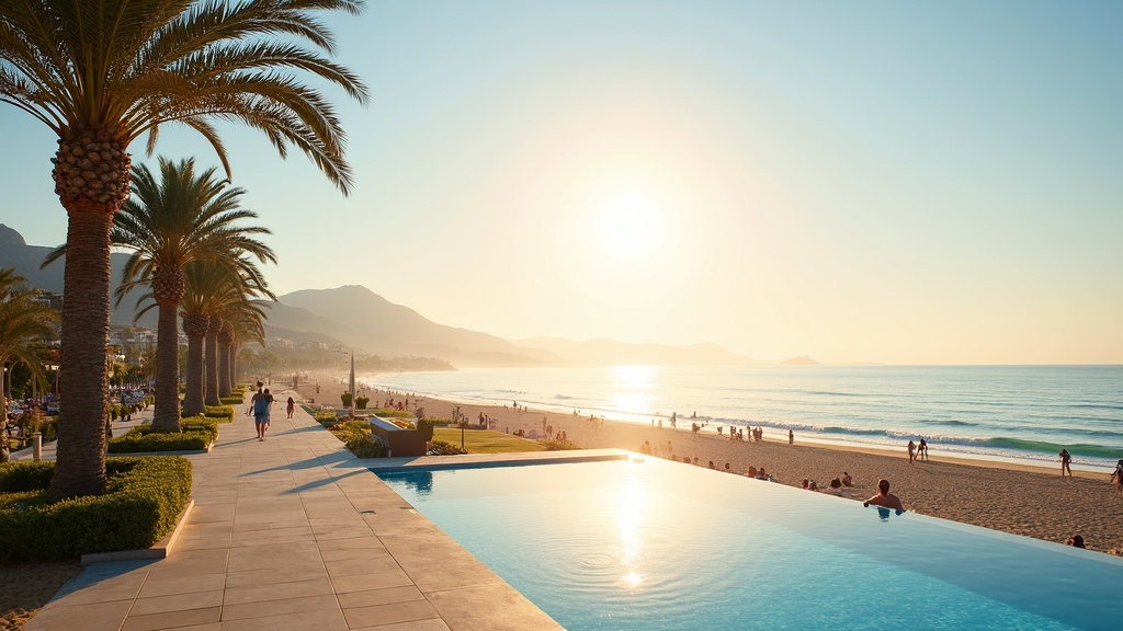 Odkryj ośrodki wellness i spa Costa del Sol: Promenada, palmy i Morze Śródziemne o wschodzie słońca.