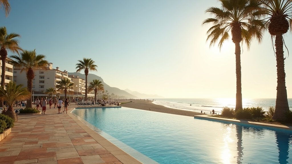 Zonnige kustplaatsen met zeezicht en bergen Costa del Sol: promenade, palmbomen, wandelende mensen aan de Middellandse Zee.