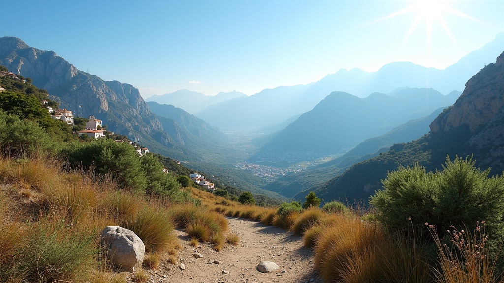 Panoramische uitzichten Costa del Sol: Sierra Blanca bergen, wandelpaden, en natuur onder de stralende zon.