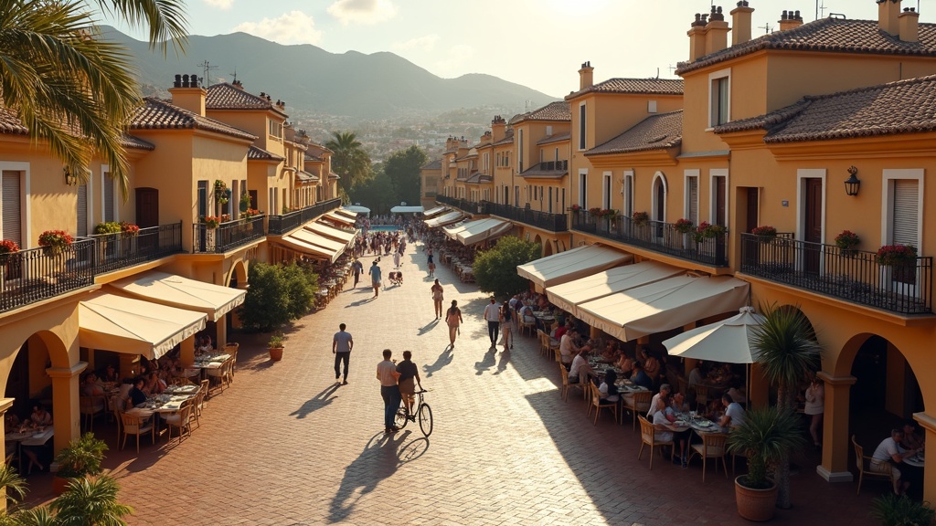 Ontdek de charme van kuststeden Andalusië. Een levendig Spaans plein, traditionele architectuur en gezellige terrassen in zacht licht.