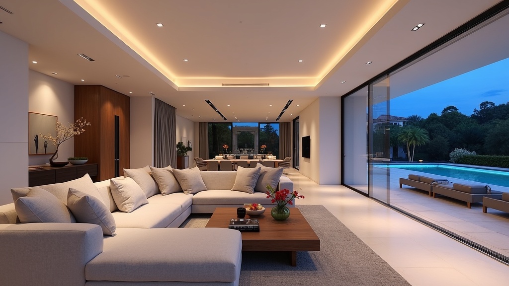 Benalmádena zeezicht en bergzicht Mijas Pueblo uitzicht Estepona natuur en zee: Luxe woonkamer in Estepona met avondlicht, moderne inrichting en terras.