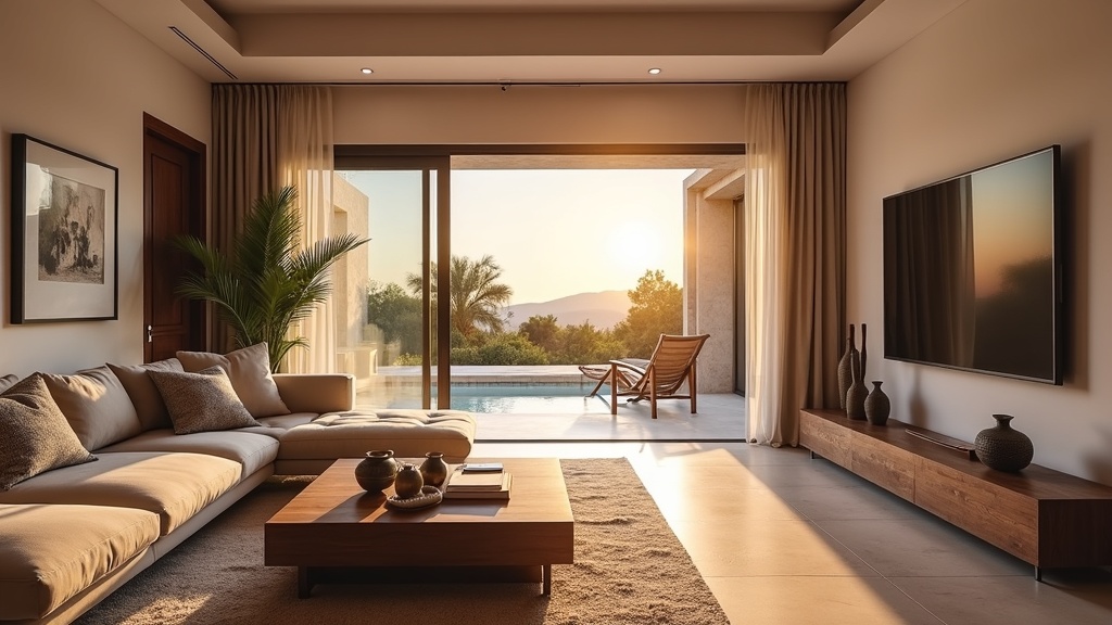 Luxe woonlocaties met uitzicht Spanje Costa del Sol zee en bergen: Stijlvolle woonkamer met terras, ideale vergelijking.