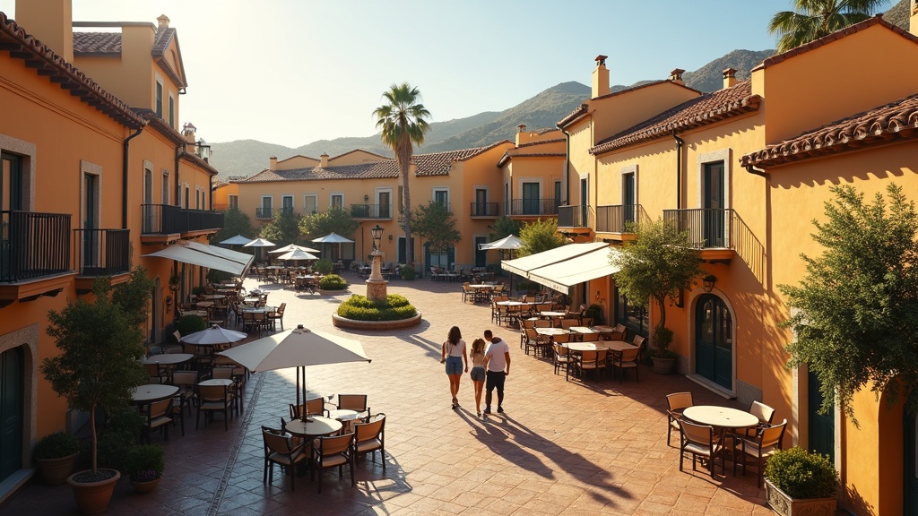 Życie z widokiem na morze Costa del Sol: Urokliwa hiszpańska plaza z restauracjami i tradycyjną architekturą w słońcu.