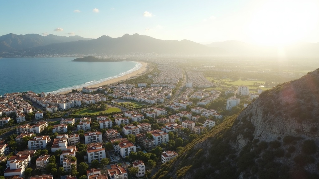 Panoramisk dronebillede af Costa del Sols middelhavsklima, kystlinje og bjerge i morgenlys – perfekt til ferie og afslapning.