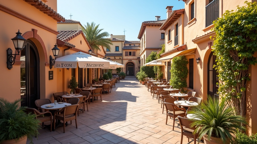 Experience the Costa del Sol's mild vinter, varm tør sommer, stabilt vejr året rundt. Aerial view of a charming Spanish plaza.