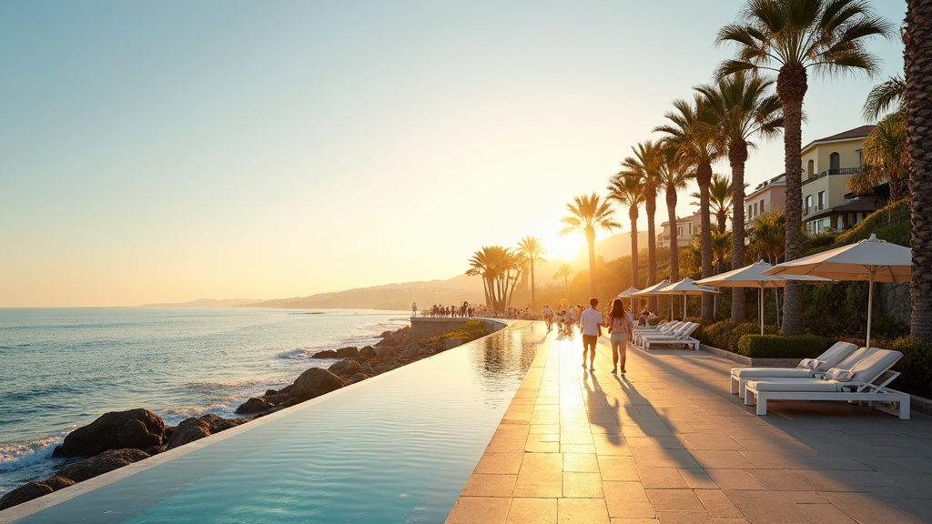 Nautinnollinen elämänlaatu Välimeren rannalla Costa del Solissa: Ihmisiä kävelemässä palmupuiden reunustamalla rannalla aamuringossa.