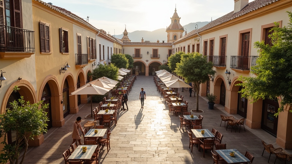 Välimeren ruokavalio Costa del Sol, stressitön elämä. Viehättävä espanjalainen aukio, ulkoruokailua, iltapäivän valo kutsuu elämästä nauttimaan.