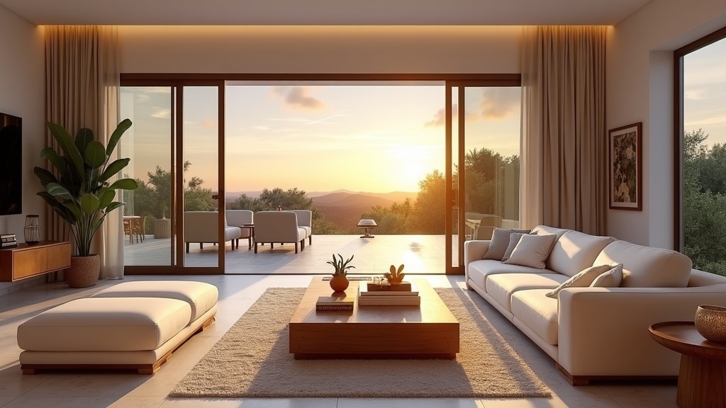 Luksusasuminen meren läheisyydessä Costa del Sol: tilava olohuone, nykyaikaiset kalusteet ja terassi kutsuvat hyvinvointiin ja rentoutumiseen.