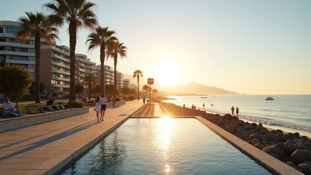 Klimaat Costa del Sol zomer winter: ochtendwandeling langs Mediterraanse kust met palmbomen en zon.