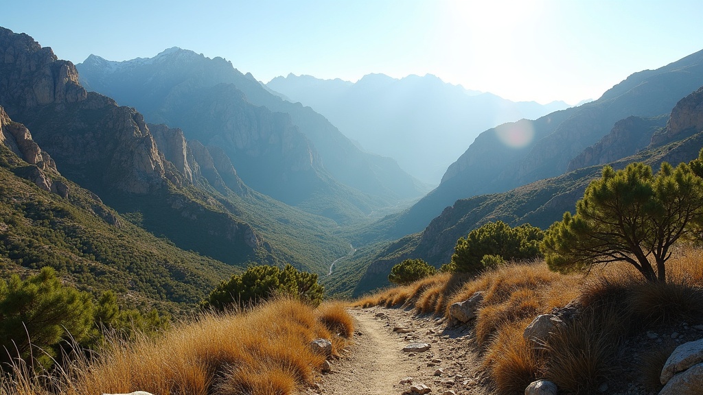 Zonuren Costa del Sol, gemiddelde temperatuur Málaga: Berglandschap met wandelpaden in heldere middagzon.