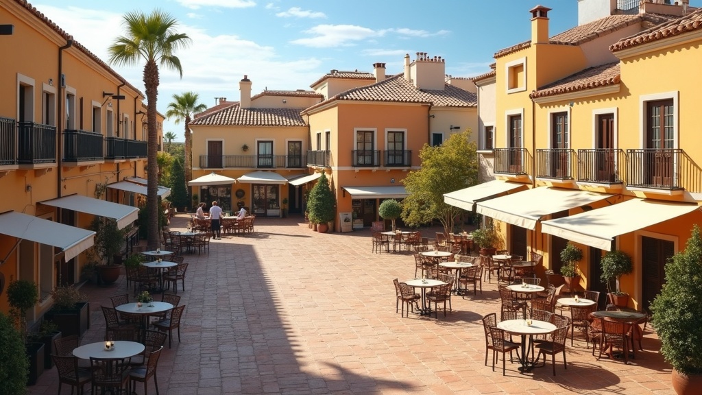 Idyllisch Spaans plein in de zachte mediterrane zomermiddagzon: het kustklimaat Spanje mild klimaat Andalusië.