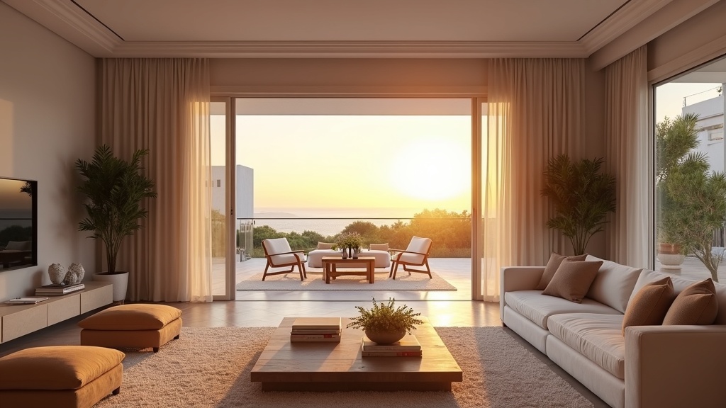 Costa del Solin ilmasto ja terveys: Tilava olohuone, jossa auringonlaskun hehku. Elämänlaatu meren äärellä.