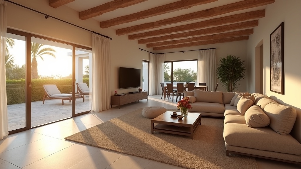 Neubauimmobilien mit Panoramablick Costa del Sol: Luxuriöses Wohnzimmer mit Meerblick, Sonnenuntergang und Terrasse.