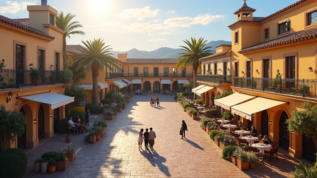 Charming Costa del Sol plaza, local dining, and soft light for stressreductie kustomgeving Costa del Sol. Inspiring seaside living.