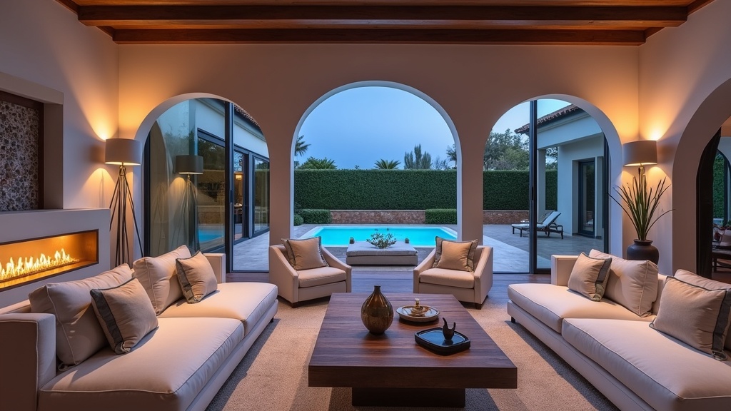 Interieur luxe woning Costa del Sol: Ruime woonkamer, mediterrane levensstijl welzijn.