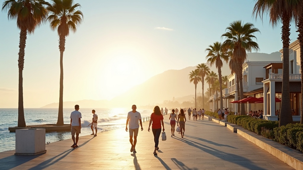 Upplev livskvalitet vid Medelhavet Costa del Sol: Människor promenerar längs palmkantad strandpromenad i gyllene morgonljus.