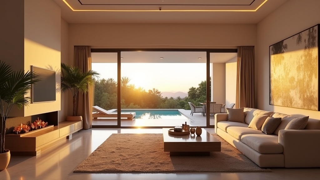 Lyxig spansk Costa del Sol investering andra hem vinterboende vardagsrum med terrass, solljus och eleganta möbler.