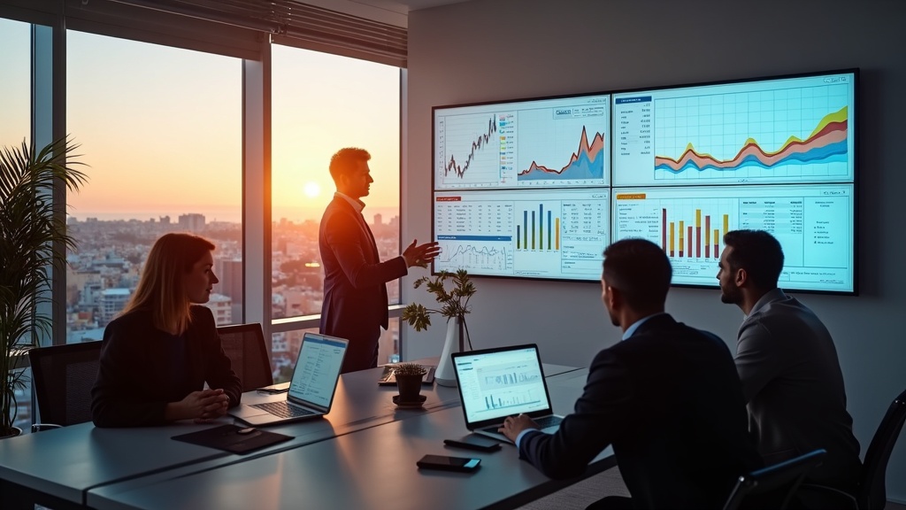 Costa del Sol property market trends: Analysts review data in a modern office with skyline views, embodying luxury lifestyle investment.