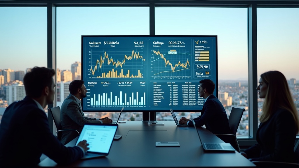 Costa del Sol real estate forecast: Analysts review market data in a modern office with a stunning skyline view.