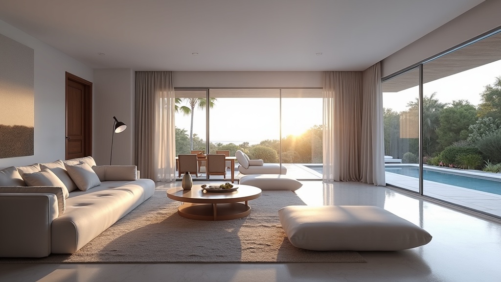 undefined luxury living room in Costa del Sol: modern design, blue light, high-end finishes, terrace access.