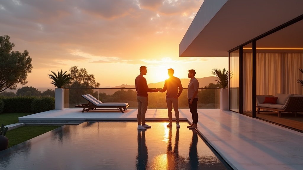 Costa del Sol seasonal guide: International buyers view sleek luxury property interior at sunset, exploring lifestyle options.