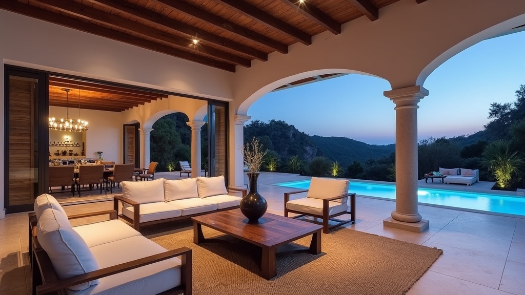 Winterresidenz Spanien Sonne: Luxuriöses Wohnzimmer an der Costa del Sol, Abendlicht, stilvolle Ausstattung, Terrassenzugang.