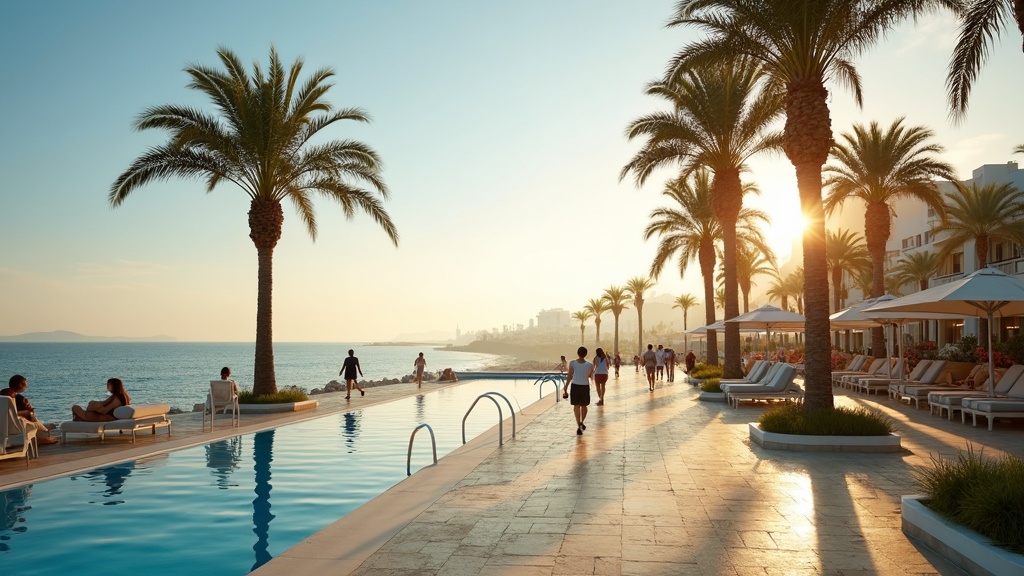 Kustlifestyle: mensen wandelen op strandpromenade met palmbomen en zee in gouden licht, ideaal voor buitenactiviteiten Costa del Sol.