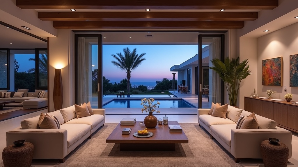 Luxe interieur met avondlicht, perfect voor strandactiviteiten alle seizoenen Costa del Sol, biedt comfort na verkenning.