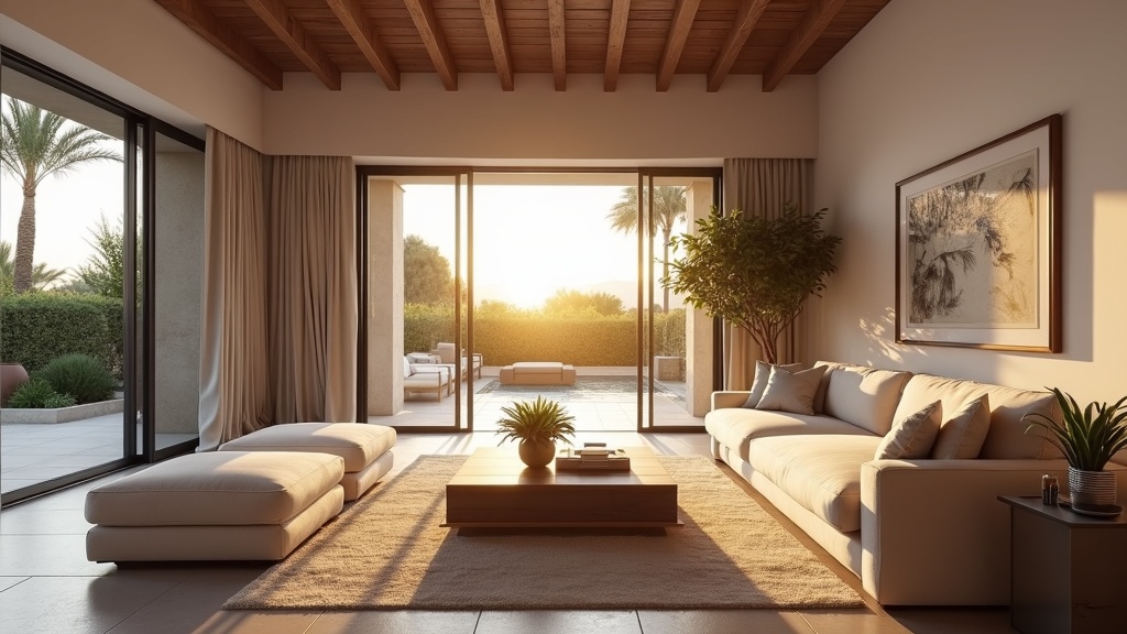 Activiteiten per seizoen Costa del Sol: Ruime luxe woonkamer met terras, ideale overweging voor lifestyle in Andalusische woning.